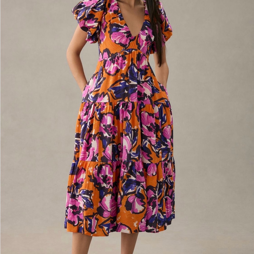 Floral V-Neck Dress in Orange and Pink